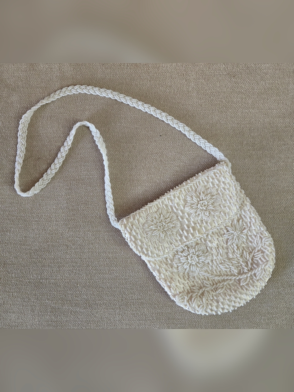 Vintage Cream Silk Beaded Bag with Floral Design